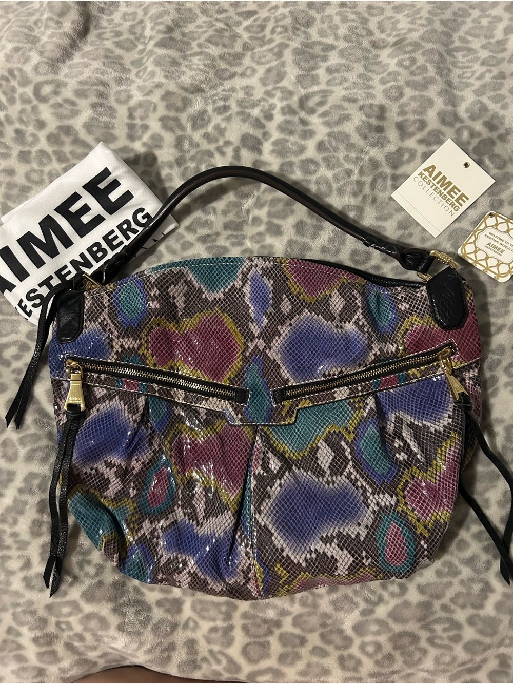 Aimee Kestenberg Multicolor Snake-Print Shoulder Bag with Black Handle